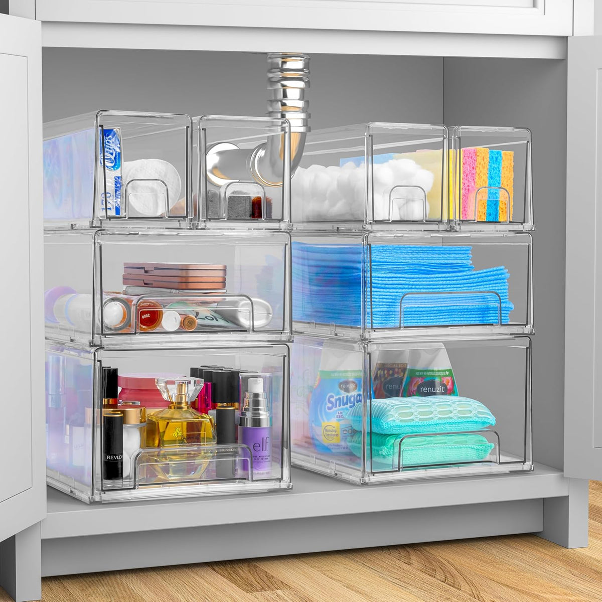 Sorbus 1 Medium & 2 Small Clear Stackable Storage Drawers – Plastic Organizer Bins with Handles