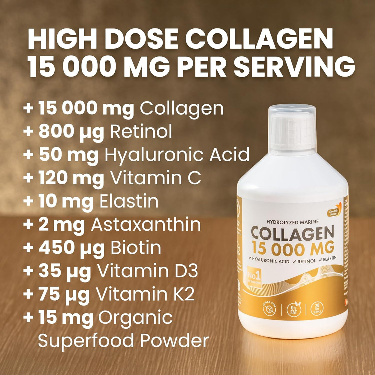 Swedish Nutra - Liquid Marine Collagen 15,000mg - 3 Packs of 500ml I Hydrolyzed Collagen Peptides