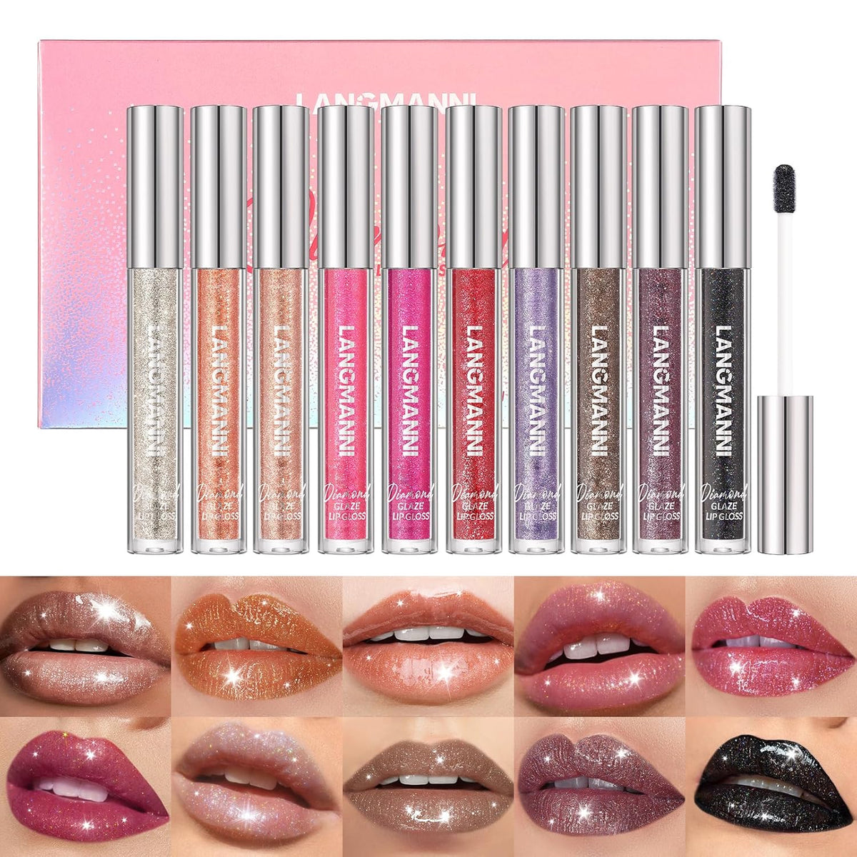 LANGMANNI 10 Colors Diamond Glitter Lip Gloss Set,Long Lasting High Shine Shimmer Liquid Lipstick