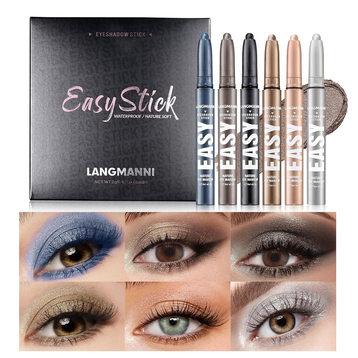LANGMANNI Eyeshadow Stick, 6 PCS Waterproof Multi-Color Eyeshadow Pen Set, Creamy Long-Lasting Eye