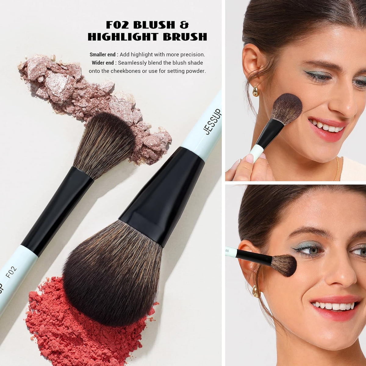 Jessup Face Makeup Brushes Blue 3pcs Double Ended Makeup Brush for Foundation Contour Blush