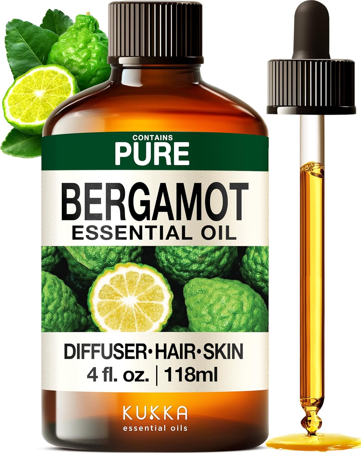Kukka Bergamot Essential Oil for Diffuser and Skin - 4 Fl Oz - Bergamot Oil for Aromatherapy, Hair