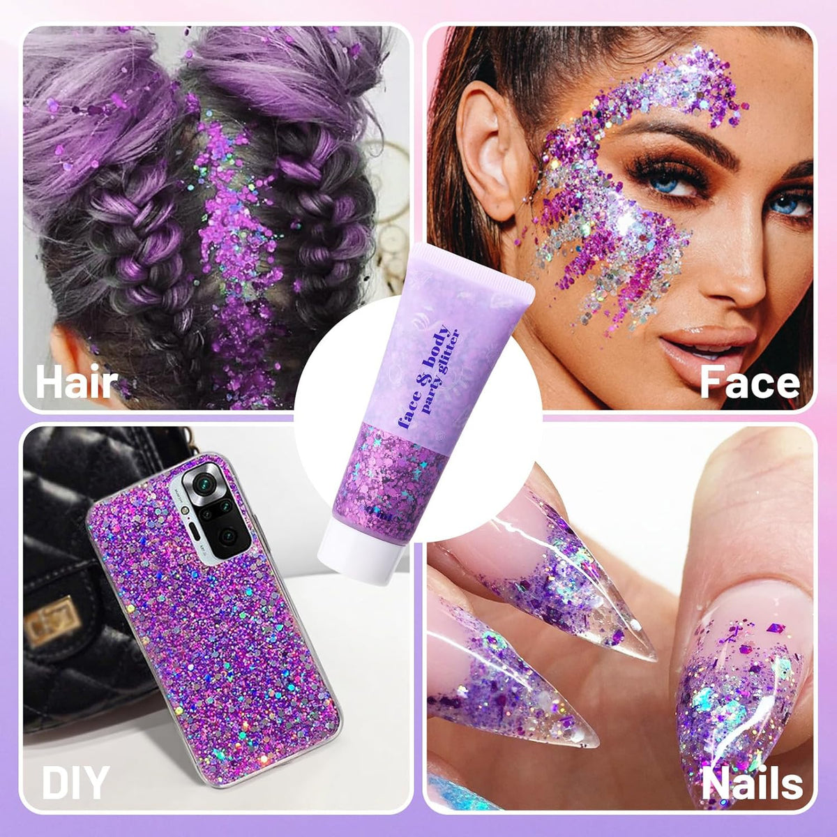 DAGEDA Purple Body Glitter Gel, Holographic Face Glitter Body Gel Rave Party Accessories, Chunky