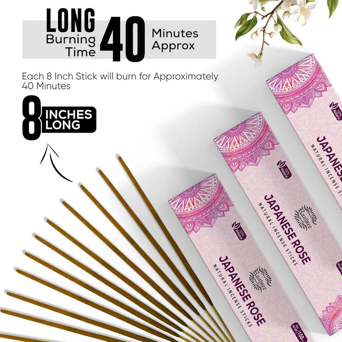 Raajsee Japanese Rose Incense Sticks (180 gm), 100% Pure Organic Natural Hand Rolled Free from