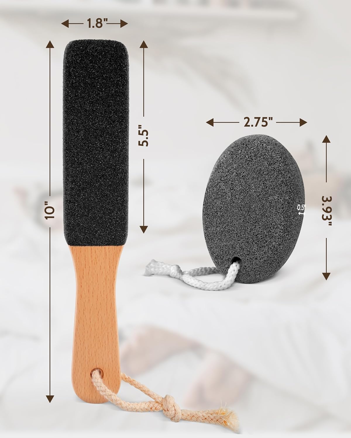 Pumice Stone Foot File, 4pcs Set Callus Remover for Feet with Wooden Handle, Pedicure Foot Scrubber