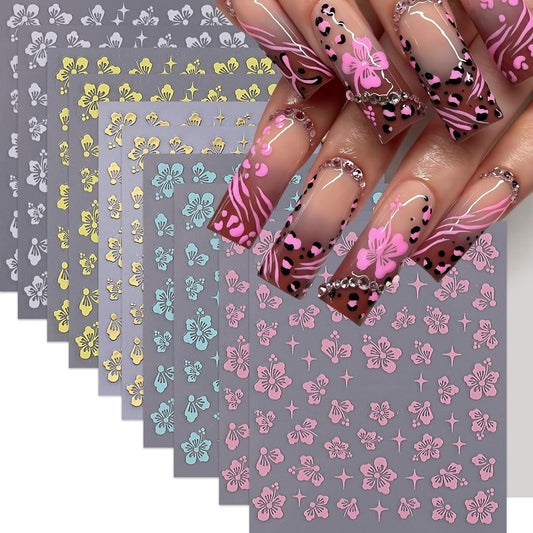 10 Sheets Hibiscus Flower Nail Stickers for Nail Art Petal Floral Nail Art Decals 3D Self-Adhesive