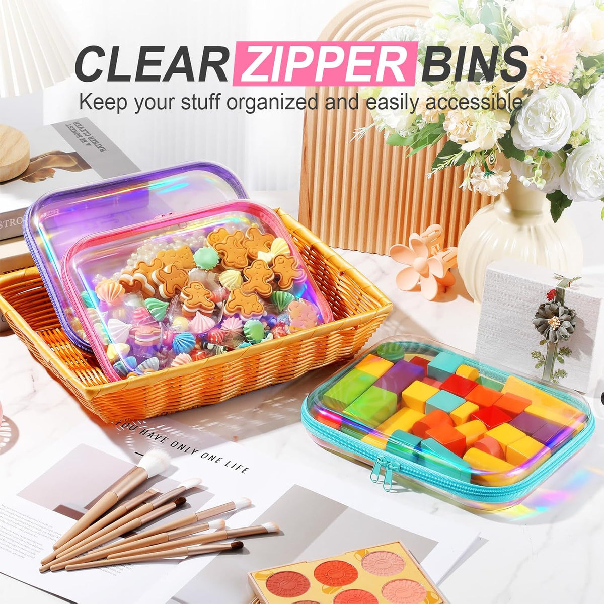 Hoolerry 3 Pcs Clear Hard Zipper Case Plastic Pouch Transparent Hard Case Clear Makeup Bag Portable