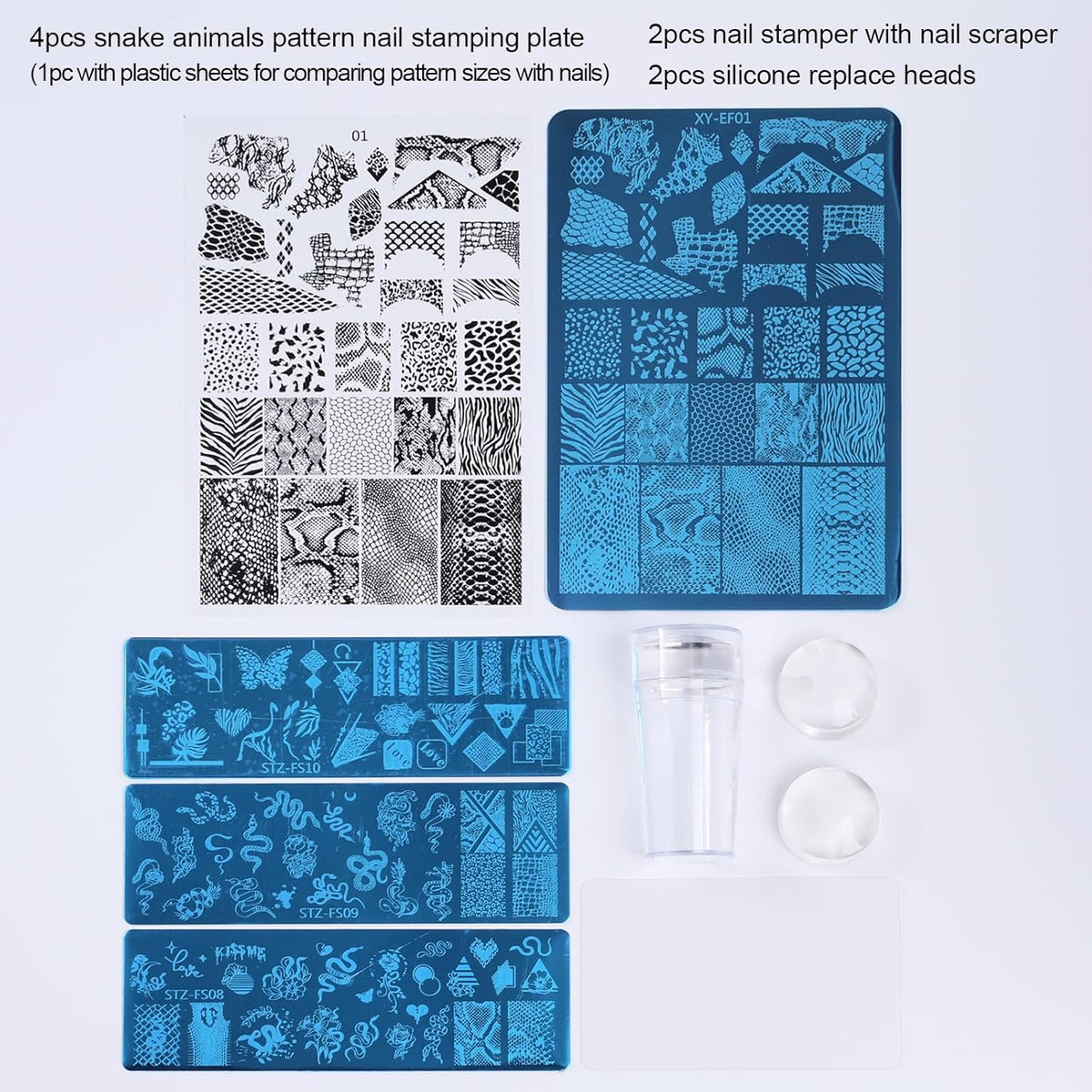 4pcs Snake Leopard Print Nail Stamping Plate Stencil with French Tip Nail Stamper Kit Reusable