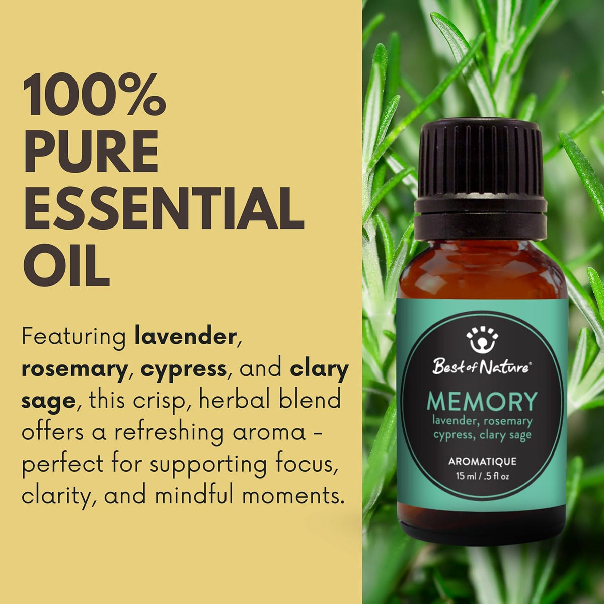 Best of Nature Memory Essential Oil Blend – 100% Pure for Diffuser, Aromatherapy & Focus – Herbal