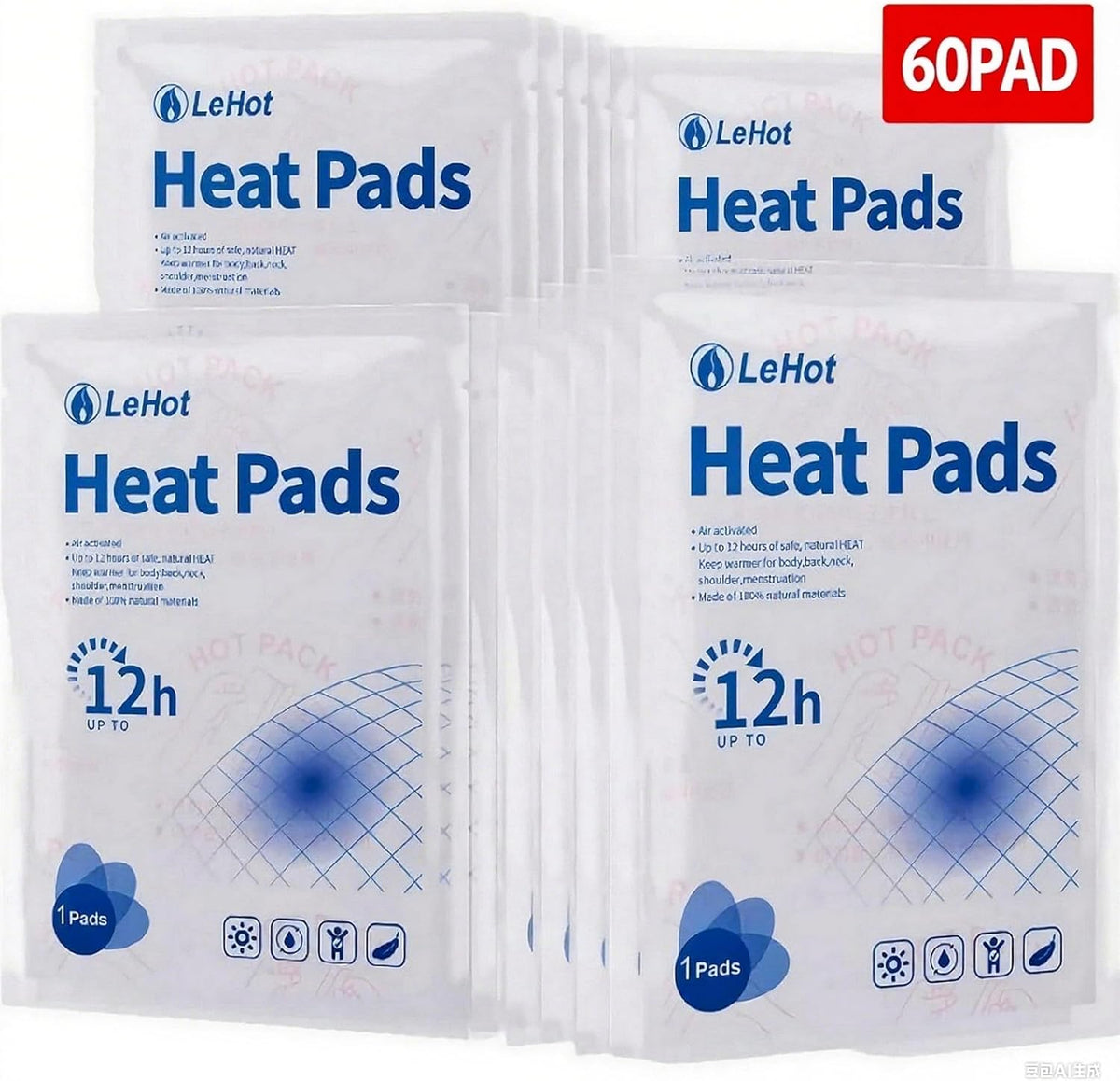 Hot Body Warmers - 60 Pack Disposable Adhesive Patches for Up to 12 Hours of Safe, Natural Heat