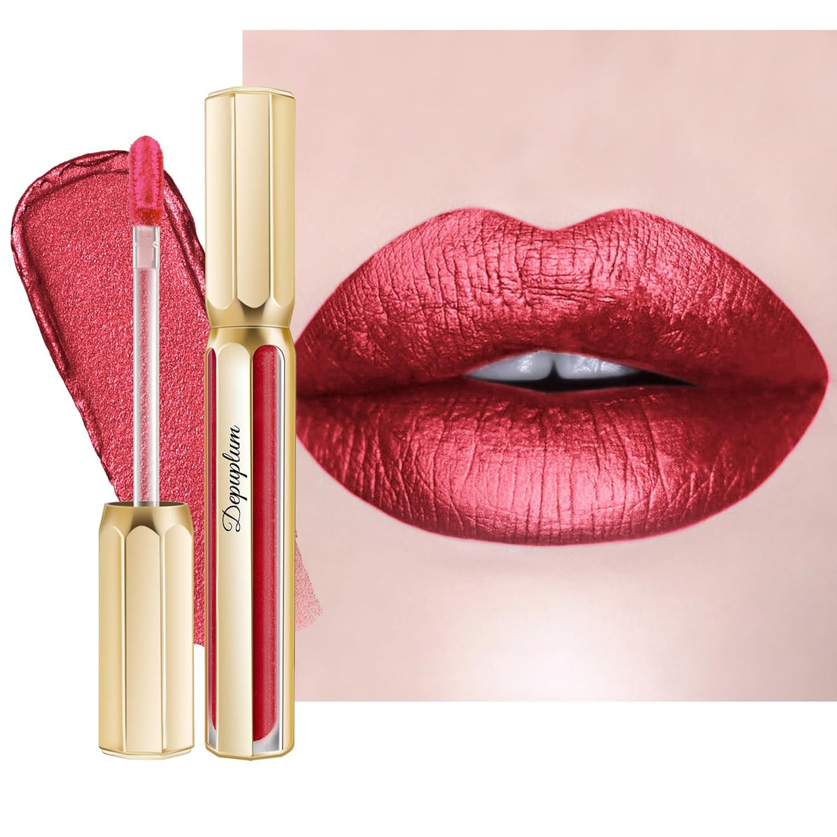Red Lipsticks for Women Metallic Lipstick Long Lasting Non Stick Cup Lip Gloss, Metal Shine