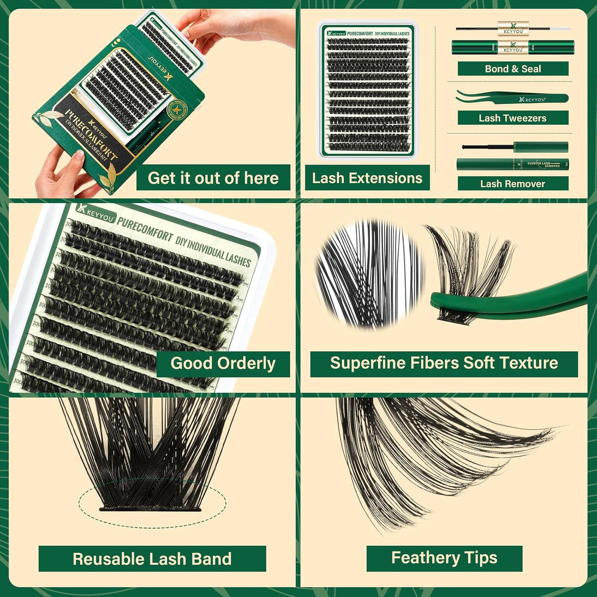 KEYYOU DIY Lash Extension Kit - 280pcs Soft Clusters - 100D Curl - Easy to Apply with Bond, Seal &