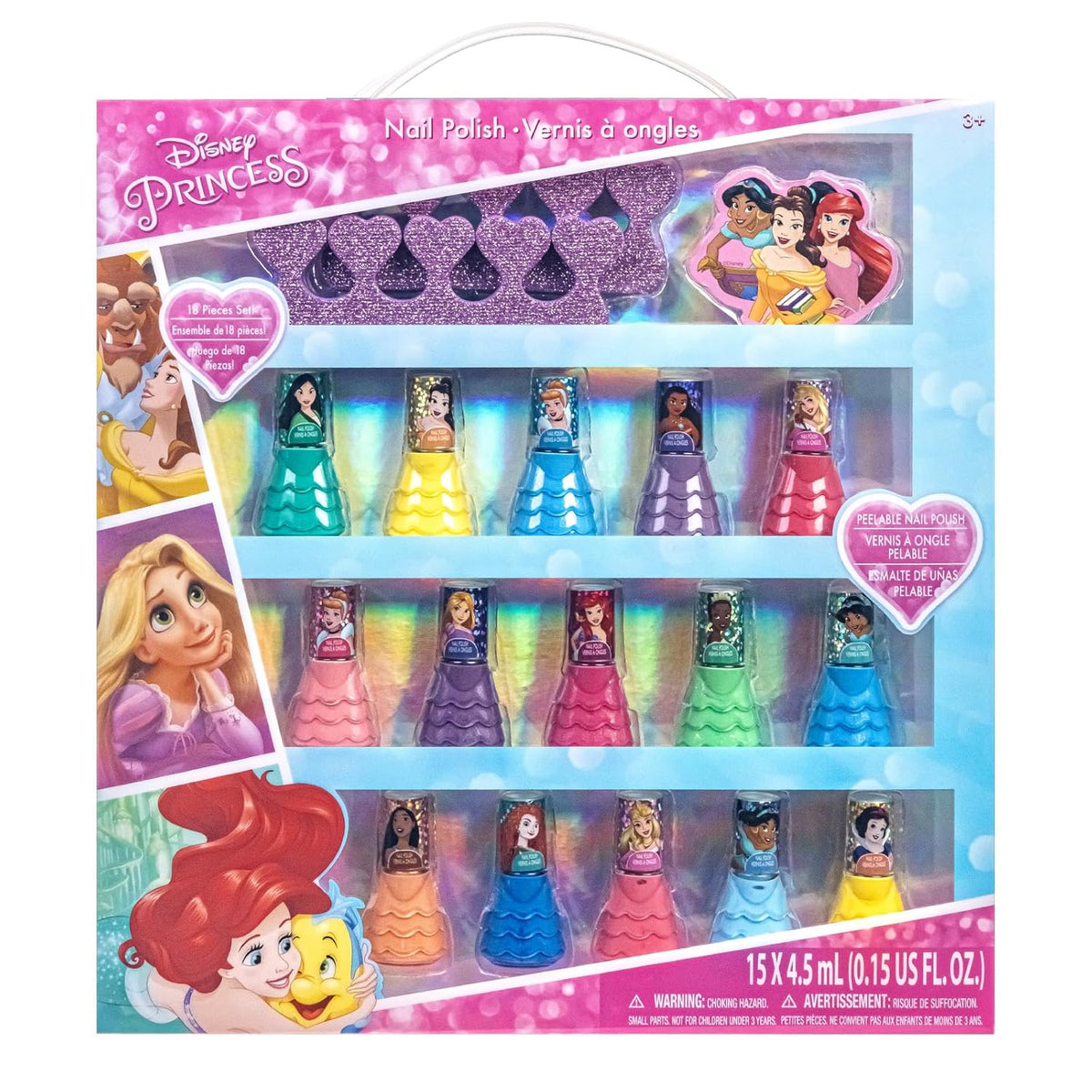 Disney Princess 15 Piece Water-Based Nail Polish with 3 Toe Spacers, Quick Dry, Peel Off, Gift Kit
