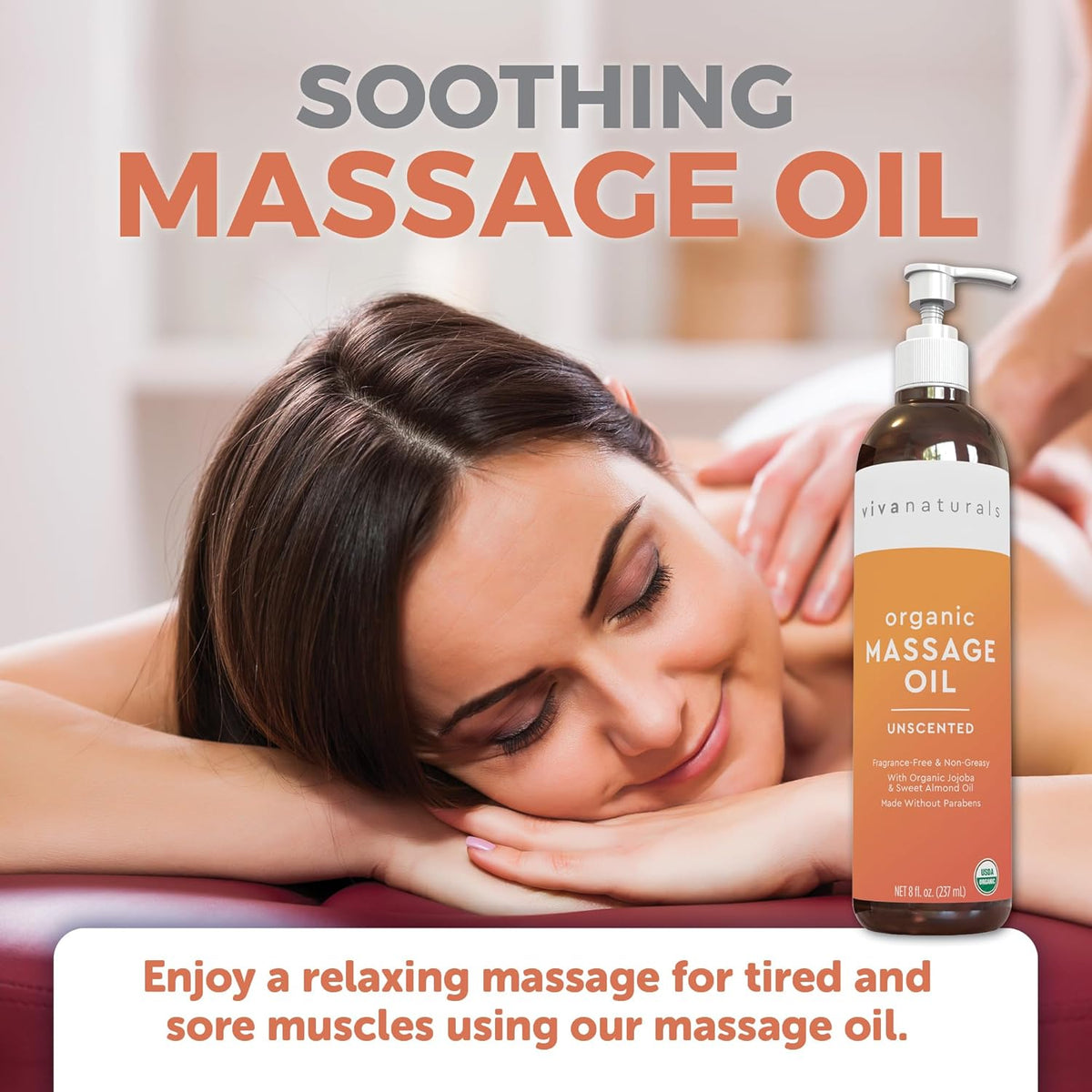 Viva Naturals Organic Massage Oil Unscented (8 fl. oz.) - Non-Greasy Body Oil with Mess-Free Pump