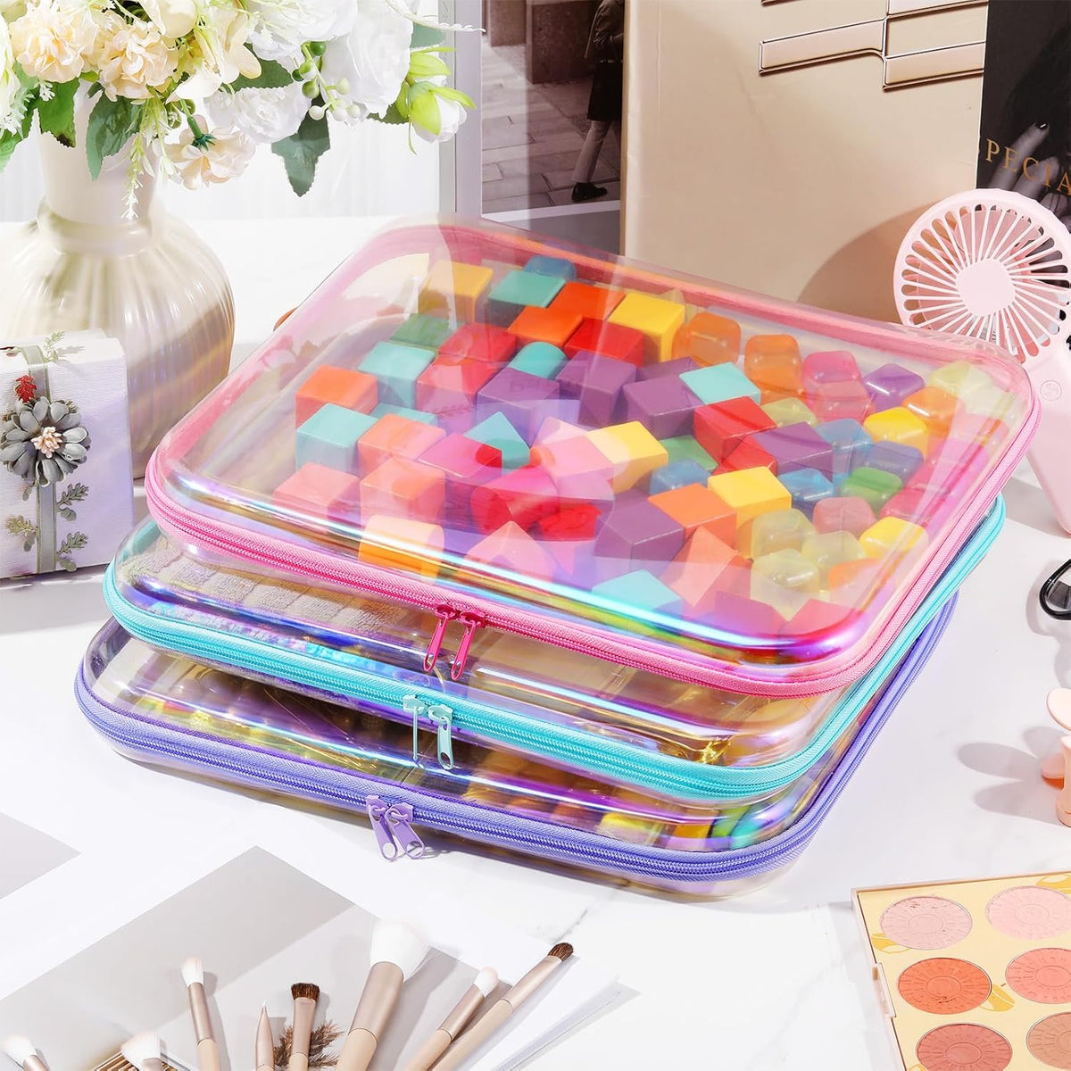 Hoolerry 3 Pcs Clear Hard Zipper Case Plastic Pouch Transparent Hard Case Clear Makeup Bag Portable