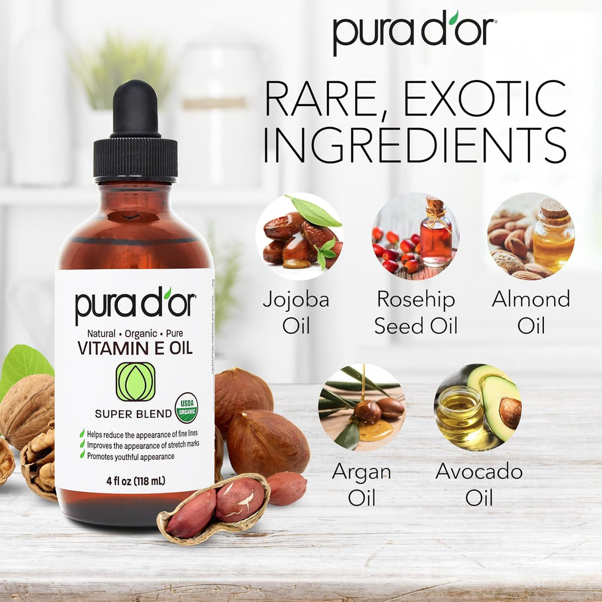 PURA D'OR 4 Oz ORGANIC Vitamin E Oil Blend - 100% Natural Hexane Free, Sweet Almond, Apricot