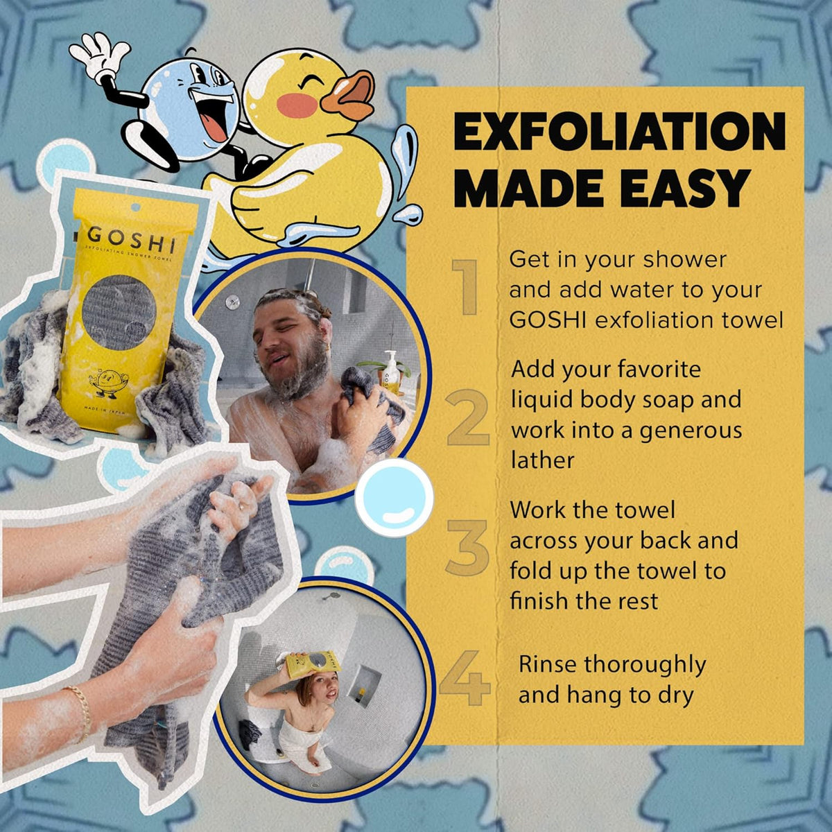 GOSHI Exfoliating Shower Towel - Rip-Resistant Exfoliating Washcloth for All Skin Types - Made in