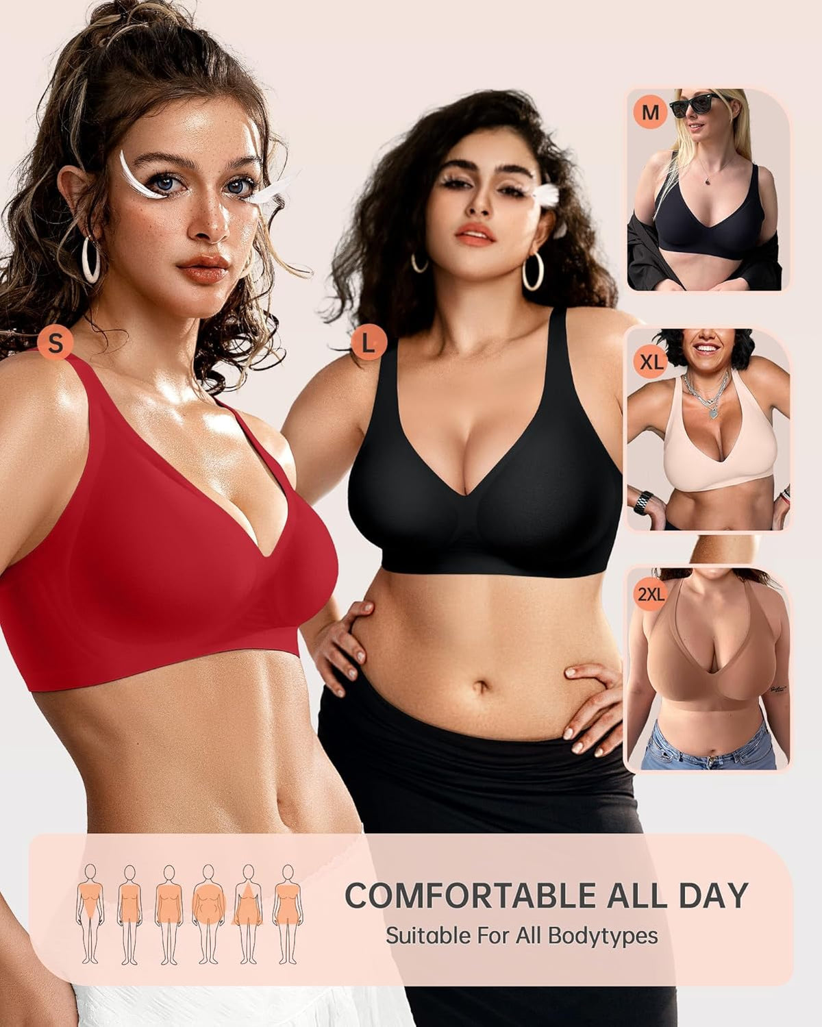 OEAK Womens Deep V Bras Wireless Comfortable Bra Supportive No Underwire Bras Tshirt Push Up