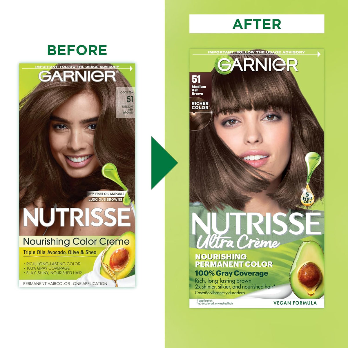Garnier Hair Color Nutrisse Nourishing Creme, 51 Medium Ash Brown (Cool Tea) Permanent Hair Dye, 2