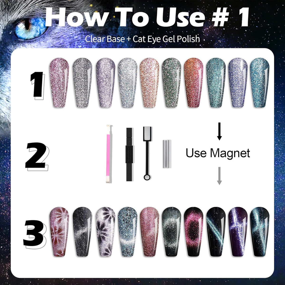 Clara Colors Magnetic Nail Polish - 20 Colors Cat Eye Gel Polish Kit Holographic Glitter Cat Eye