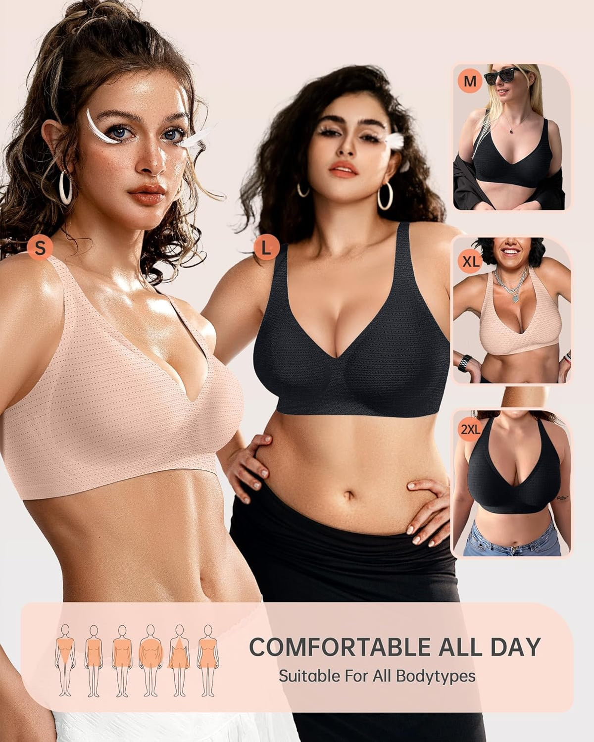 OEAK Womens Deep V Bras Wireless Comfortable Bra Supportive No Underwire Bras Tshirt Push Up