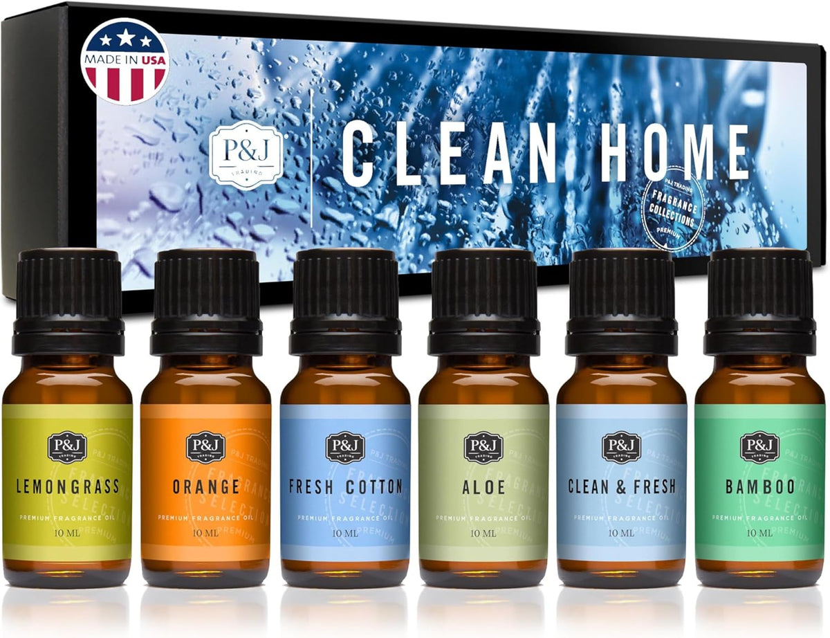 P&J Fragrance Oil Clean Home Set | Lemongrass, Fresh Cotton, Clean & Fresh, Aloe, Bamboo, Orange