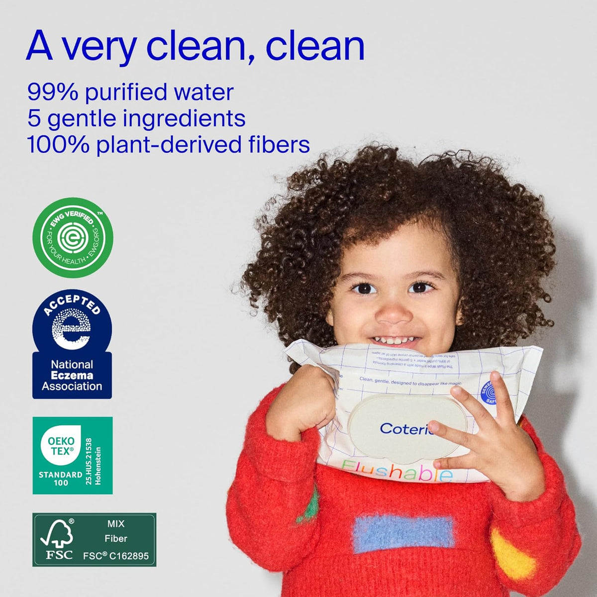 Coterie Flushable Wipes for Sensitive Skin, Hypoallergenic, 99% Water, Plant-Based Fibers, Sewer +