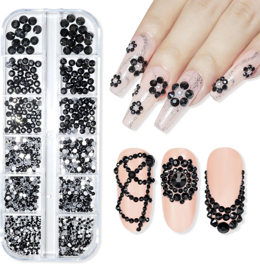 Makartt, 1110 Pcs Rhinestones Set, Black, Round, Multi-Size, Glass or Crystal, for DIY Crafts, Nail