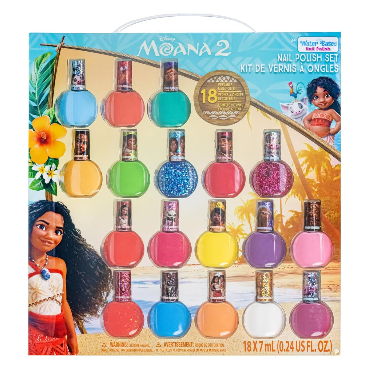 Townley Girl Moana 2 Non-Toxic Water-Based Peel Off Nail Polish Set with Glittery Shimmery Opaque