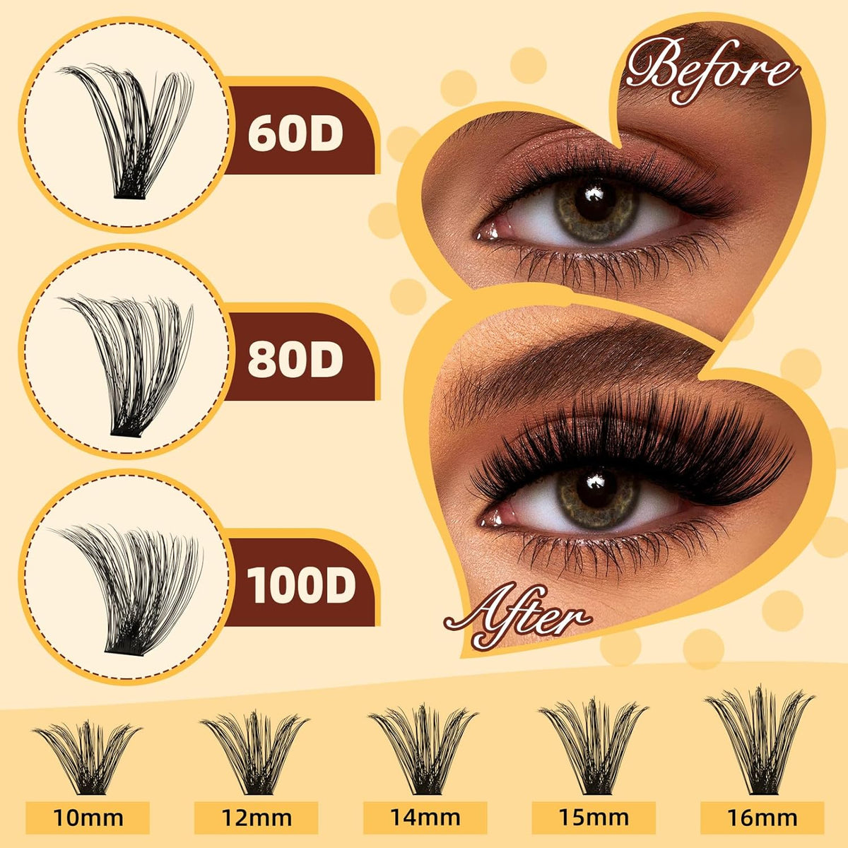 QUEWEL DIY-Lash-Extension-Kit, 280pcs 60+80+100D Lash-Clusters Mixed 10-16mm Thick
