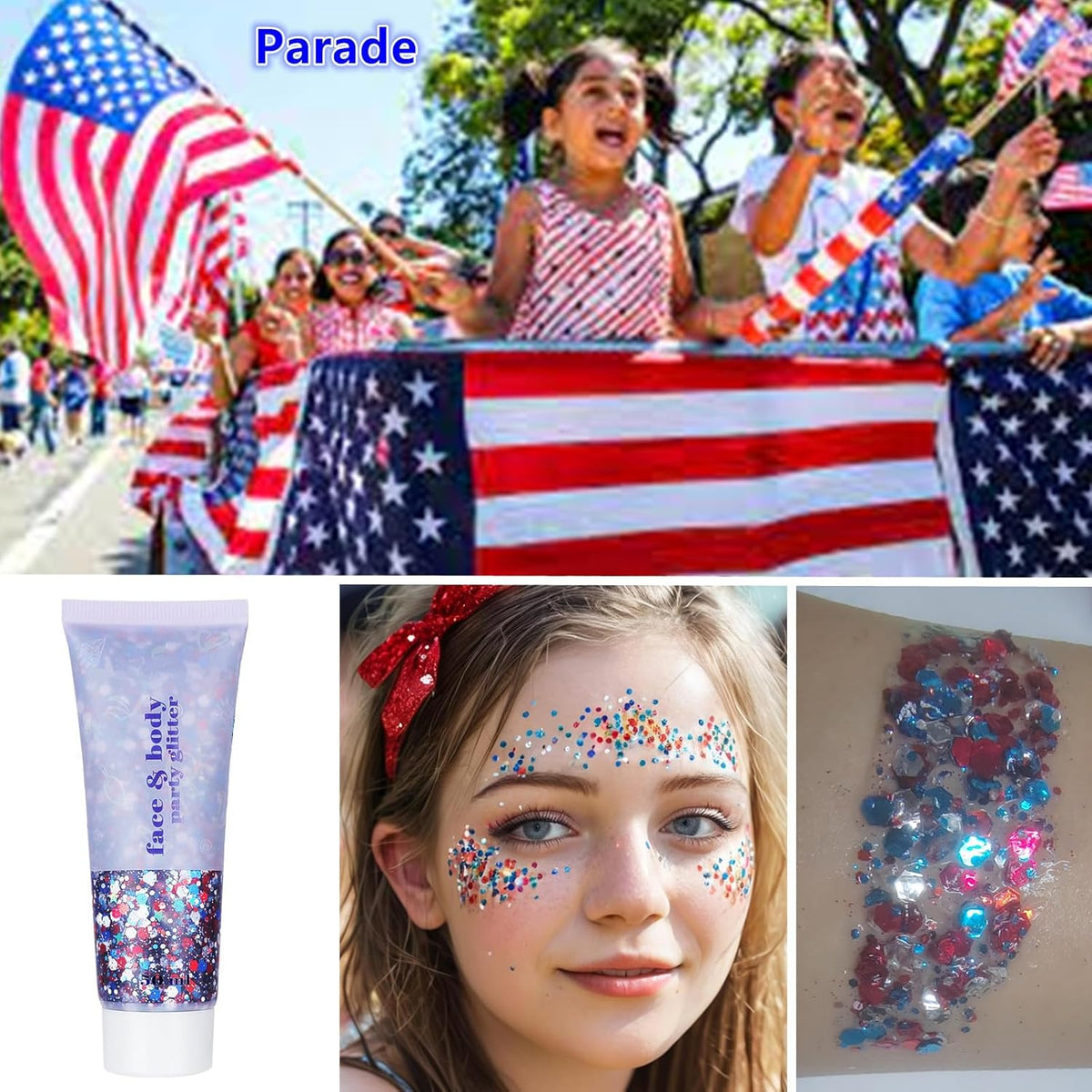 Go Ho Red White and Blue Body Glitter,Patriotic Pride Face Glitter Gel,4th of July Outfits for