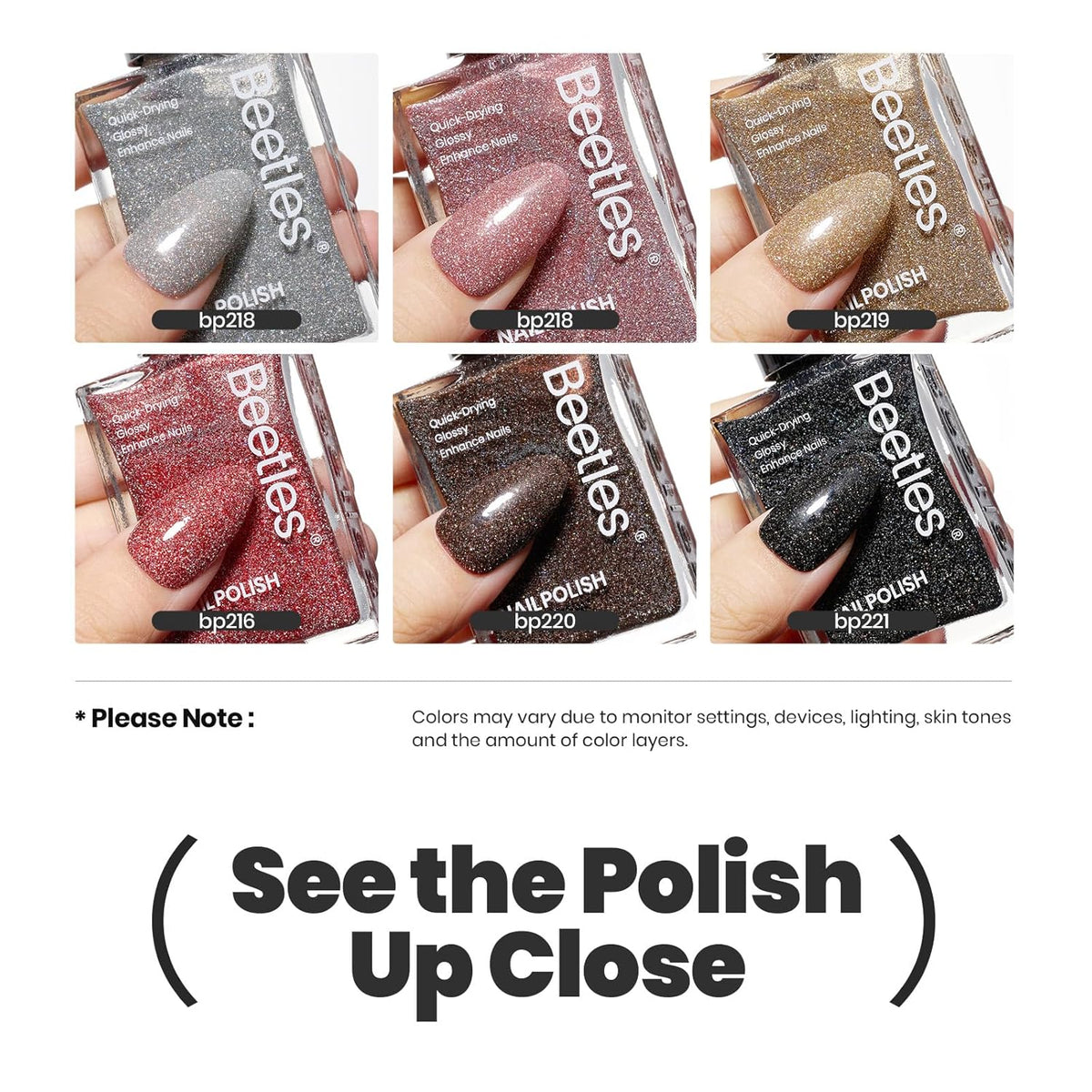 Beetles Glitter Nail Polish Set, 6 Color Silver Pink Gold Red Brown Black Quick Air Dry Nail Polish