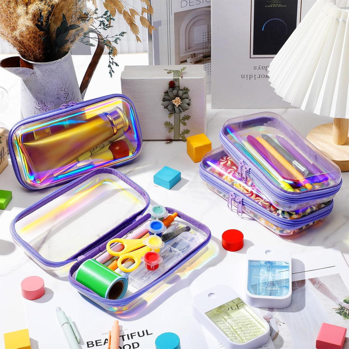 Hoolerry 4 Pcs Hard Clear Zipper Case Makeup Bags Plastic Pencil Pouch Transparent Storage Box