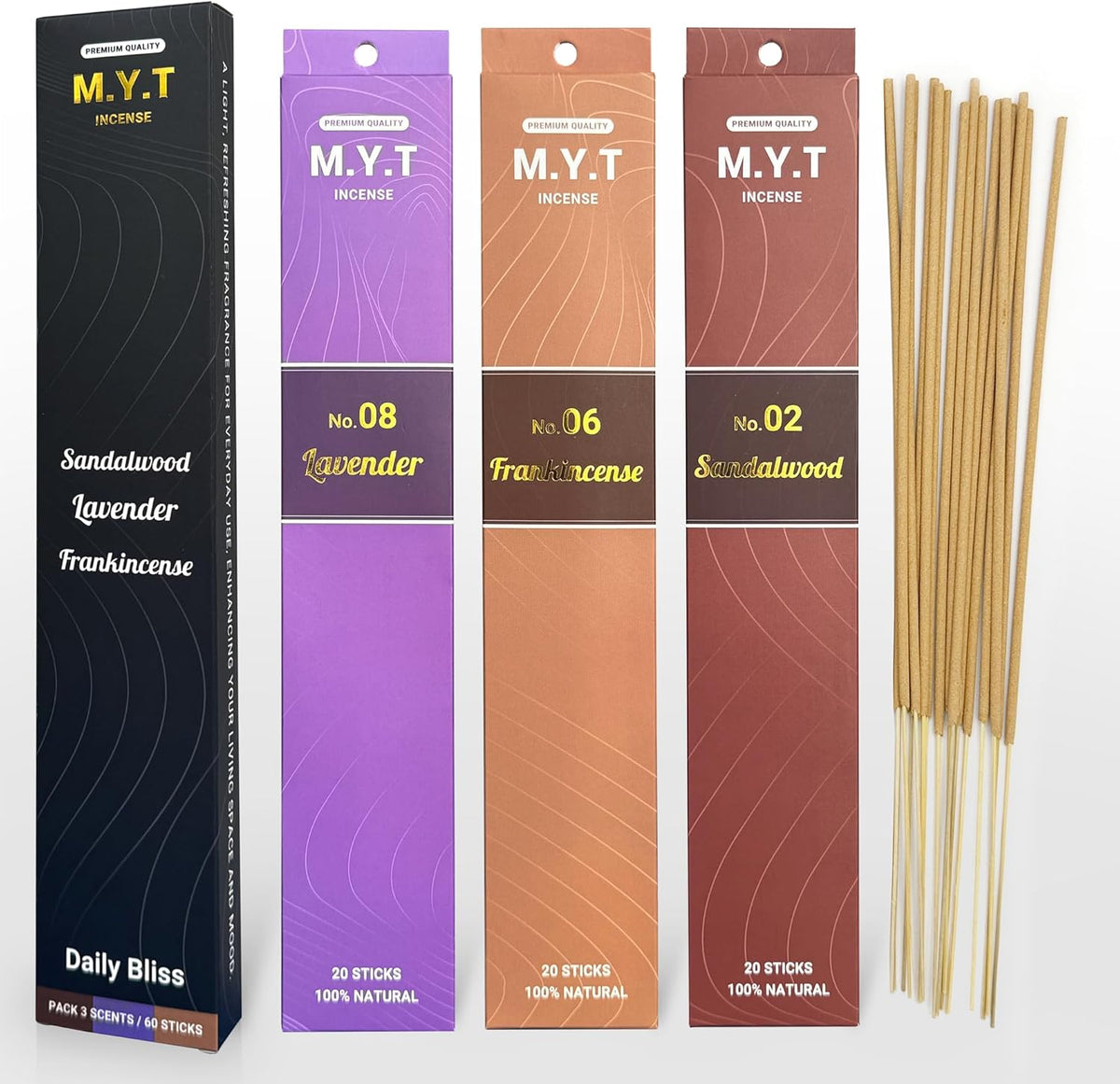 M.Y.T Natural Incense Sticks – Sandalwood, Lavender, Frankincense – Long-Lasting, Low Smoke