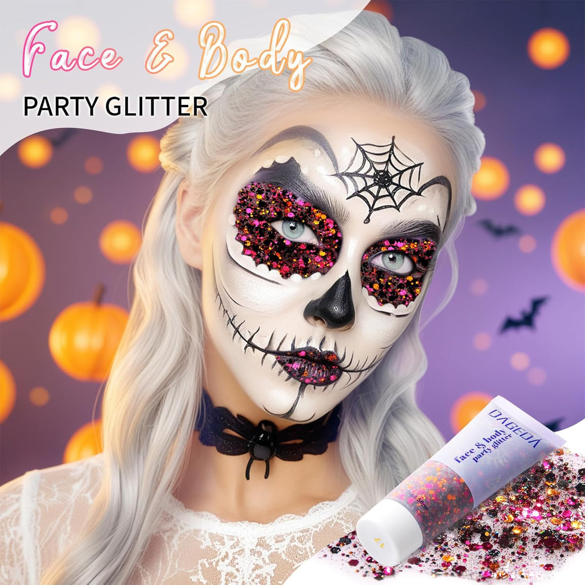 DAGEDA Halloween Black Body Glitter Gel, Face Hair Glitter Body Shimmer, Halloween Costume