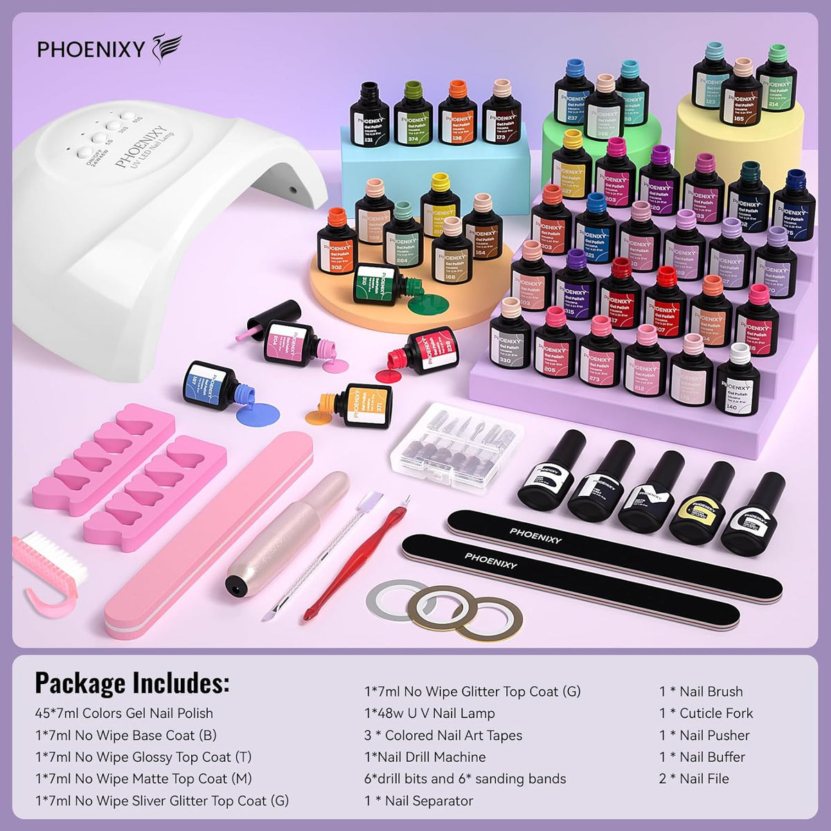 PHOENIXY 63 Pcs Gel Nail Polish Kit with U V light and Drill, 45 Colors Gel Polish with 5 Pcs Base