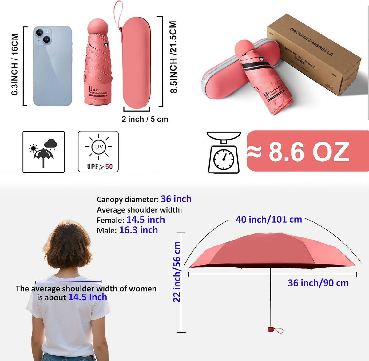 BAODINI Travel Essentials Mini Umbrella for Purse With Case Small Compact UV Sun Protection