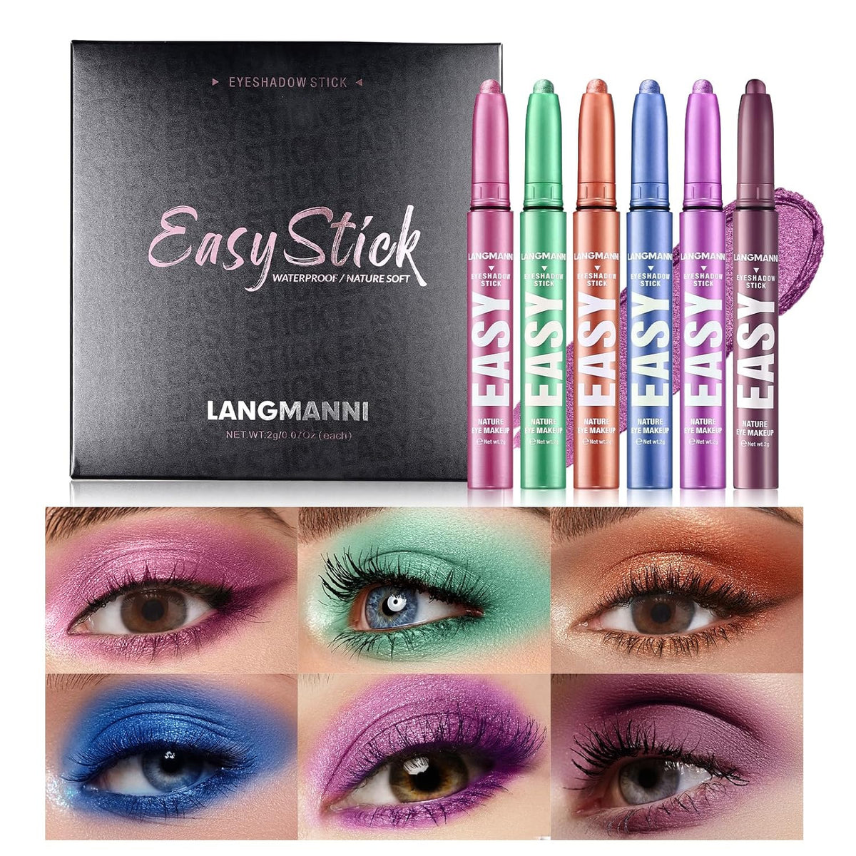 LANGMANNI Eyeshadow Stick, 6 PCS Waterproof Multi-Color Eyeshadow Pen Set, Creamy Long-Lasting Eye