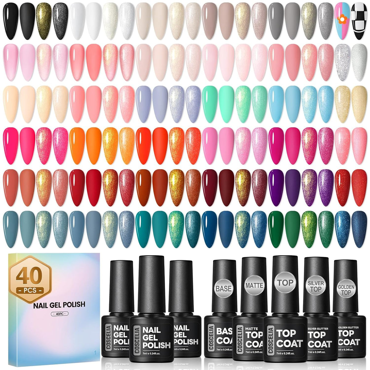 COSCELIA 40PCS Gel Nail Polish Set, 7ml 35 Colors Gel Polish with 5pcs Top and Base Coat Nude White