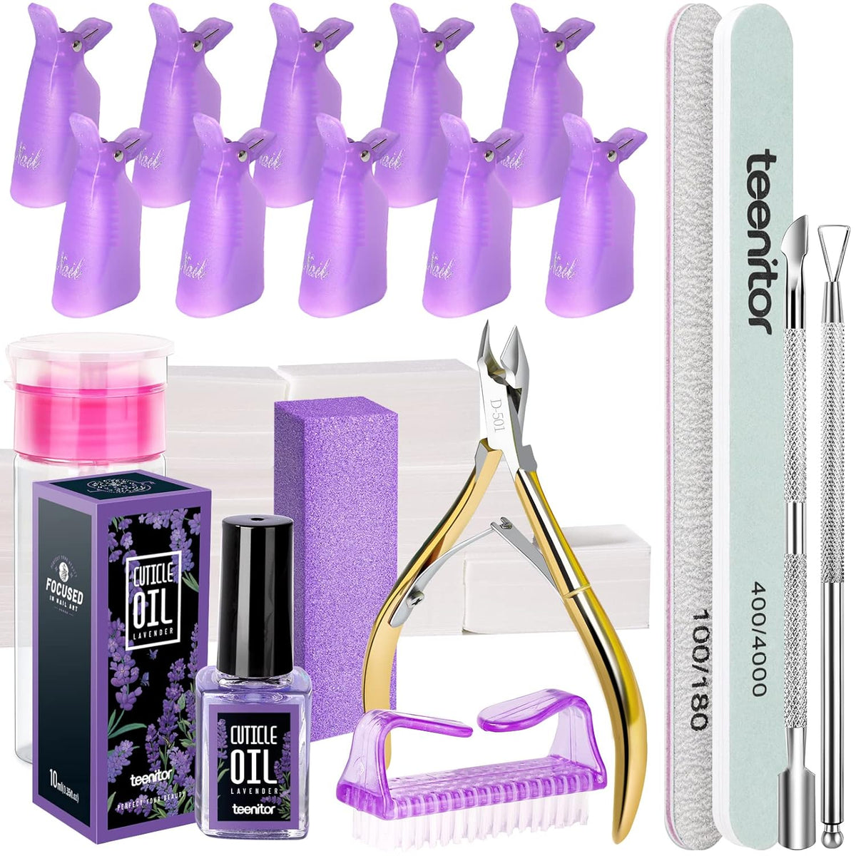 Teenitor Nail Gel Polish Dipping Powder Remover Tools Kit with Nail Clips Nail Remover Pads Cuticle