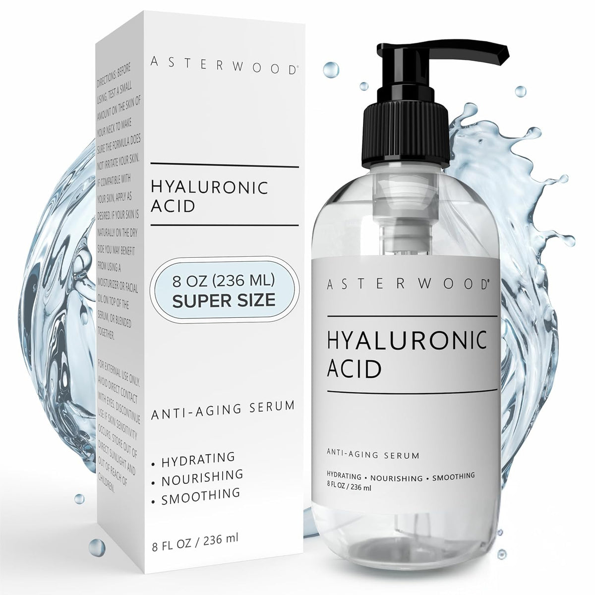 Asterwood Hyaluronic Acid Serum for Face - Plumping, Anti-Aging, Hydrating - Fragrance-Free - 8 Fl