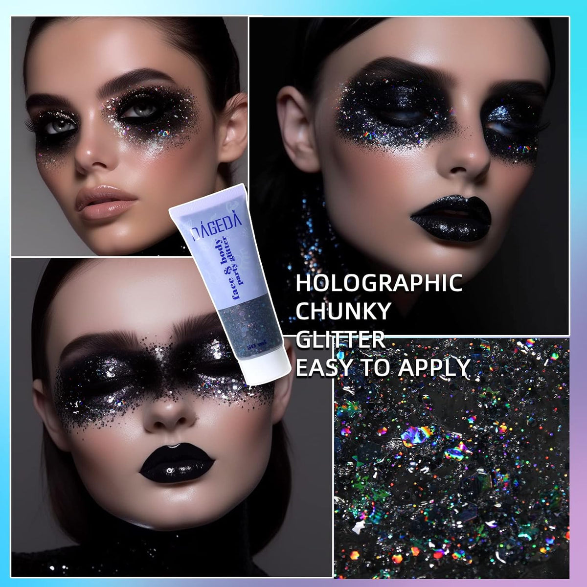 DAGEDA Body Glitter Gel, Face Glitters Body Gel Sequins Shimmer Liquid Eyeshadow, Chunky Glitter