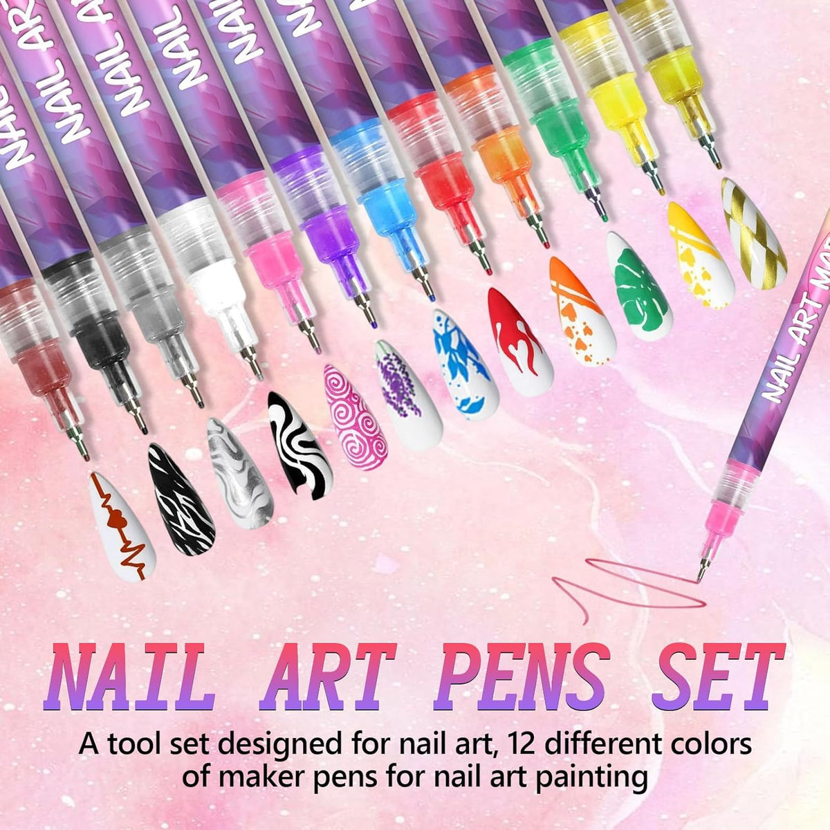 12 Colors Nail Art Pens Set, 3D Quick-Dry 0.5MM Nail Polish Pens, 2025 DIY Nail Art Marker Graffiti