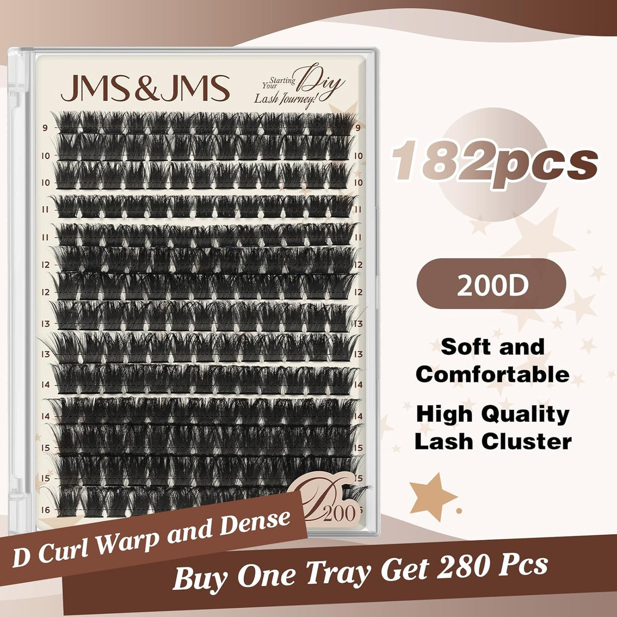 JMS&JMS 182Pcs Lash Clusters Eyelash Clusters 200D D Curl 9-16MIX Clusters Lashes Thick Super Soft
