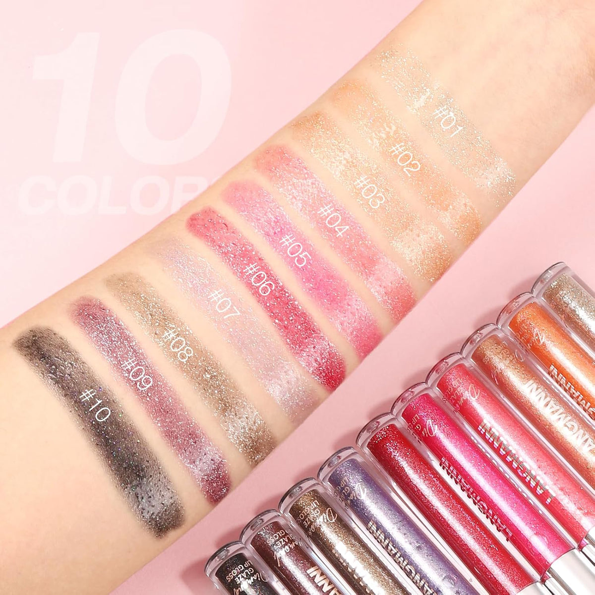 LANGMANNI 4 Colors Diamond Glitter Lip Gloss Set,Long Lasting High Shine Shimmer Liquid Lipstick