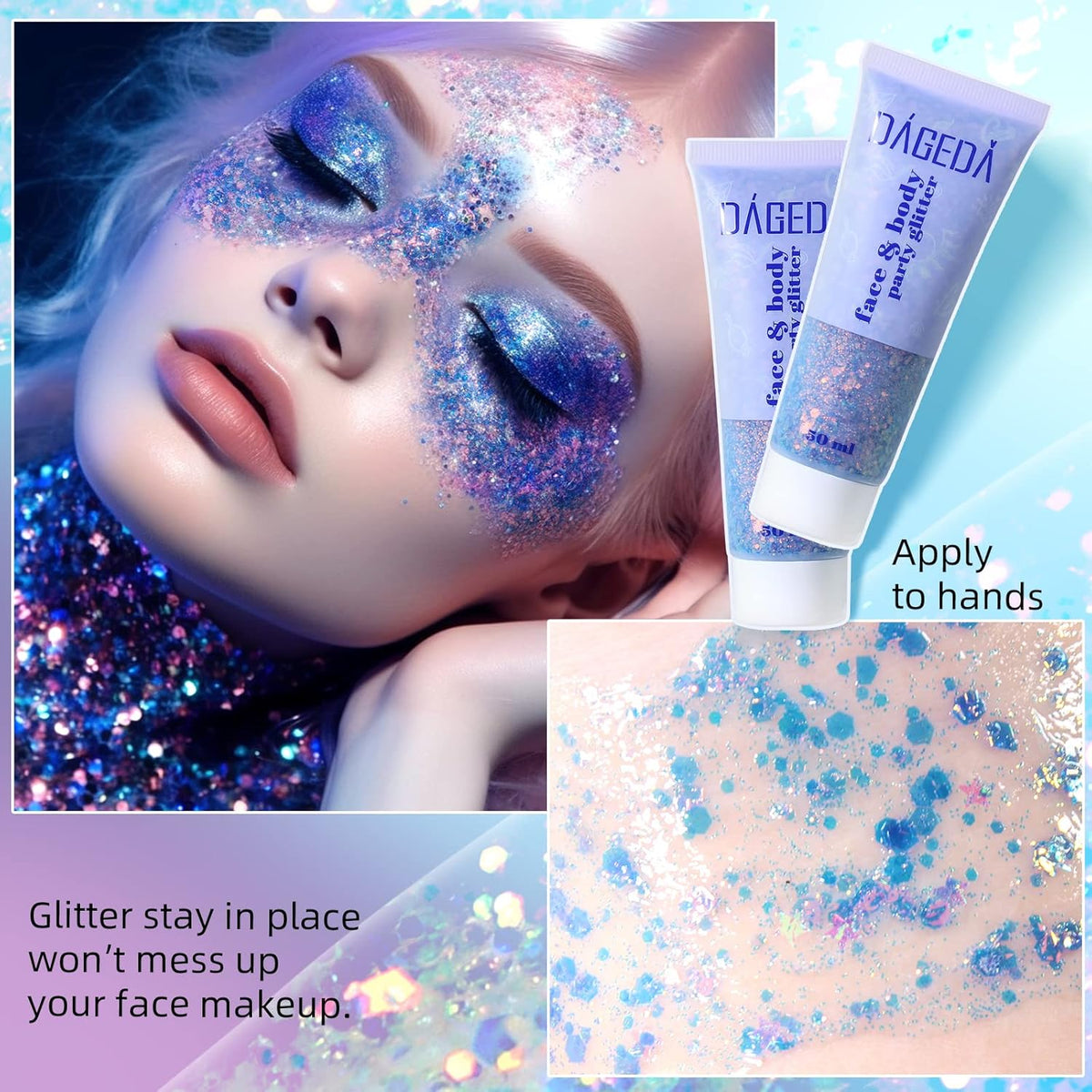DAGEDA Body Glitter Gel, Face Glitters Body Gel Sequins Shimmer Liquid Eyeshadow, Chunky Glitter