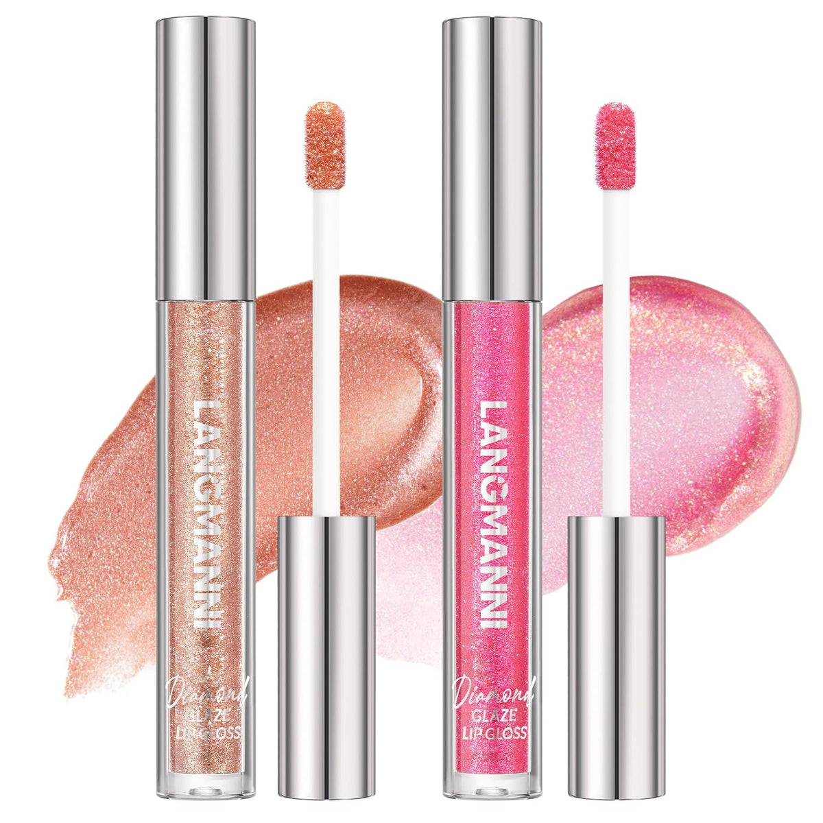 LANGMANNI 2 Colors Diamond Glitter Lip Gloss Set,Long Lasting High Shine Shimmer Liquid Lipstick