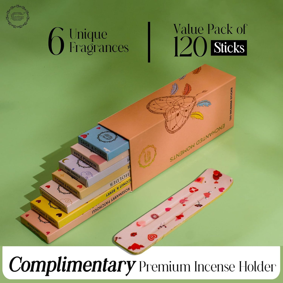 Raajsee Natural Incense Sticks with Insence Holder- Pack of 6 Organic Inscent -120 Insense Sticks