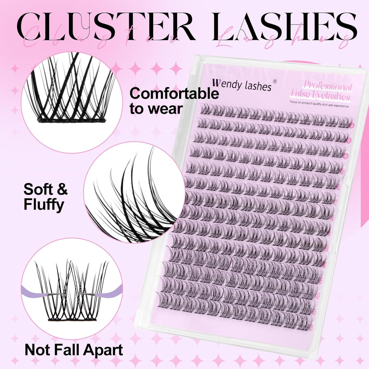 WENDY Lashes Clusters Kit DIY Eyelash Extension with Eyelash Curler Black Cluster Eyelash