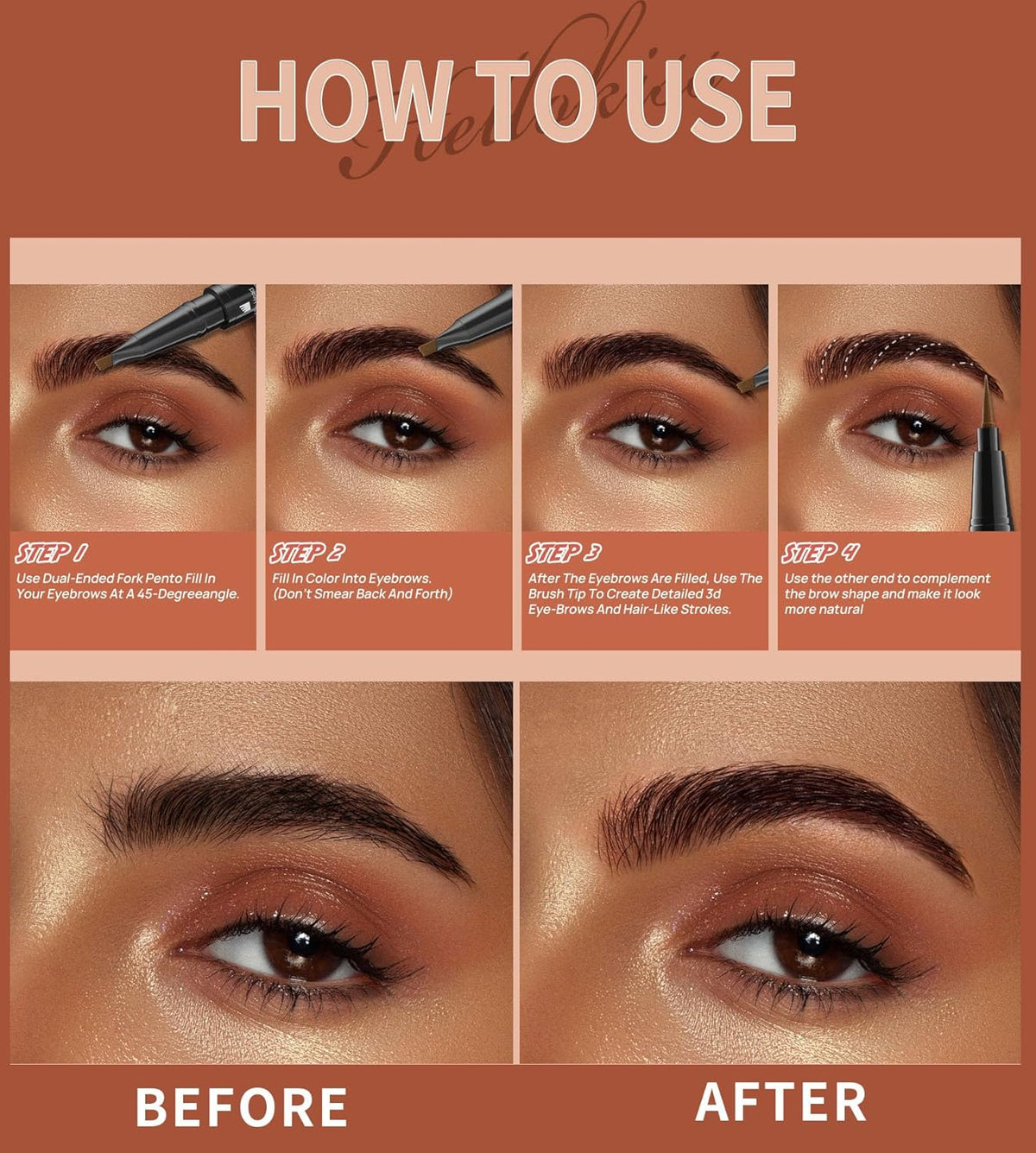 4-Fork Tip Microblading Eyebrow Pen - 2-in-1 Waterproof Eyebrow Pencil, Long-Lasting Natural